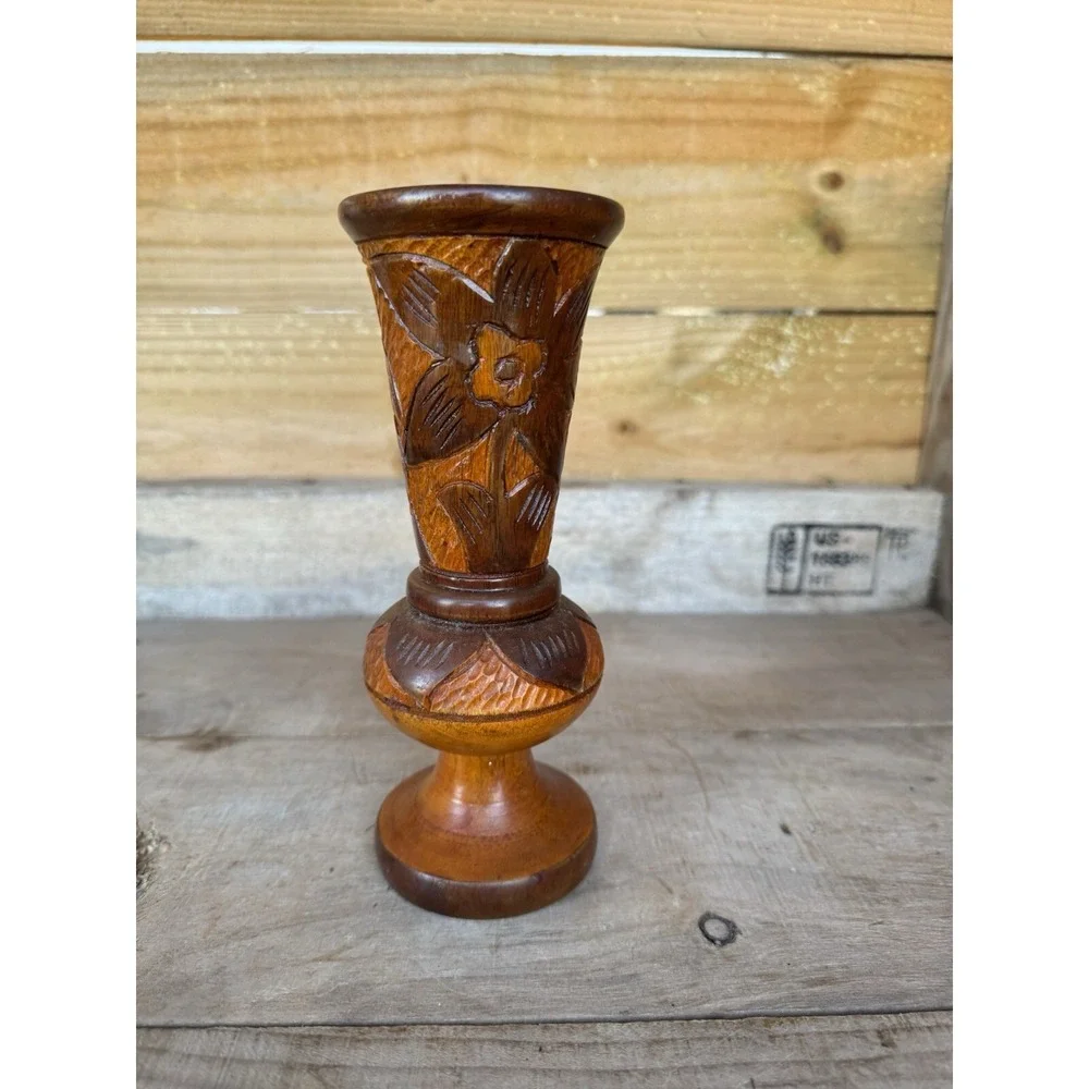 Vintage Hand Carved Wood  Bud Vase Folk Art‎ Decor Flower Design